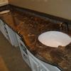 Dark Emperador Vanity Tops with Tile Backsplash and Undermount Porcelain Sinks 